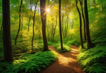 Obraz premium breathtaking forest paths surrounded lush foliage bathed golden sunlight, autumn, nature, trees, vibrant, leaves, woods, picturesque, scenery, landscape