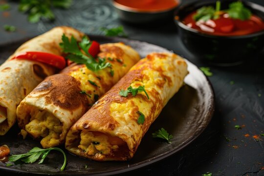 Indian kid s tiffin or lunch box favorite Egg chapati omelette roll with tomato ketchup