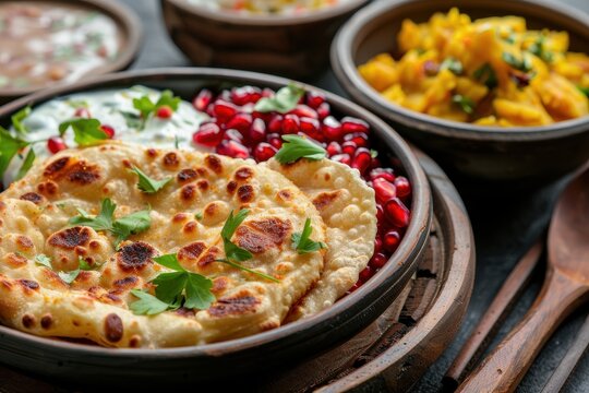 Indian kids lunch consists of Aloo Paratha curd boondi and pomegranate seeds with selective focus