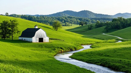 Obraz premium A serene rural landscape featuring a white barn, lush green hills, and a gently flowing stream under clear blue skies.