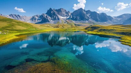 A large body of water with mountains in the background