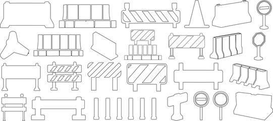 Traffic barrier, construction sign, and roadblock vector icon set. Ideal for infrastructure, construction, and transportation illustrations. Monochrome, outline style