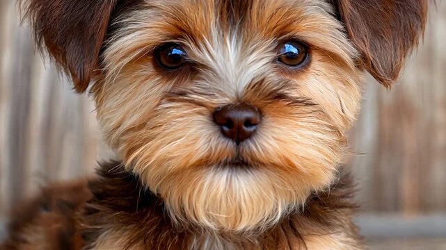 A small brown and white dog is laying on a wooden surface. The dog has a cute and innocent expression on its face