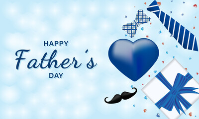 Fathers day poster template design element for greeting card, poster, banner and flyer. Father's day vector illustration with heart ,gift box, bow tie and mustache in blue theme.
