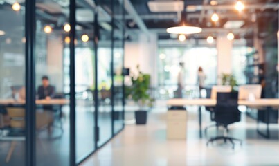 Abstract blurred interior modern office space with business people working banner background with copy space, Generative AI