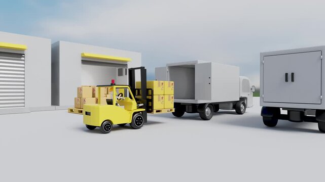 building warehouse with forklift for import export, goods cardboard box, pallet, truck. logistic service concept, 3d animation, alpha channel