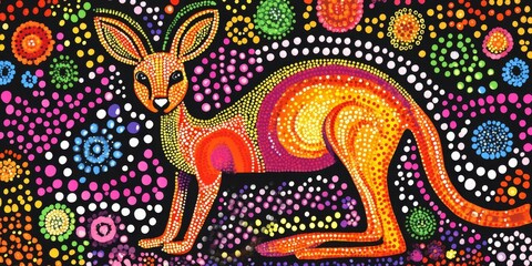 Obraz premium Vibrant Aboriginal Dot Art Kangaroo: Creative Abstract Pattern for Luxury Scarves and Children's Books. Australian Indigenous-Inspired Design Celebrating Cultural Harmony, Nature, and Imagination in 4