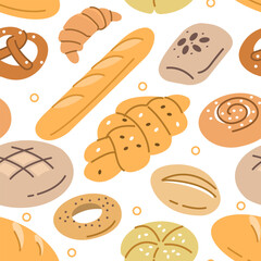 Various bakery and pastry seamless pattern. Bread, buns, croissant and other types of bakery products. Vector illustration.