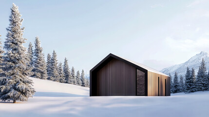 A modern wooden cabin nestled in a snowy landscape surrounded by pine trees and mountains, evoking a serene winter atmosphere.
