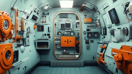 Interior of a vintage submarine control room with various gauges, instruments, and equipment on the walls, painted in blue and orange.