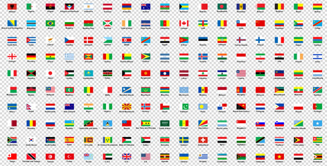 All world flags with signatures vector set of rectangular icons. Flags of all countries and continents. International flags, country emblems, global identity, national flags, geographical symbols