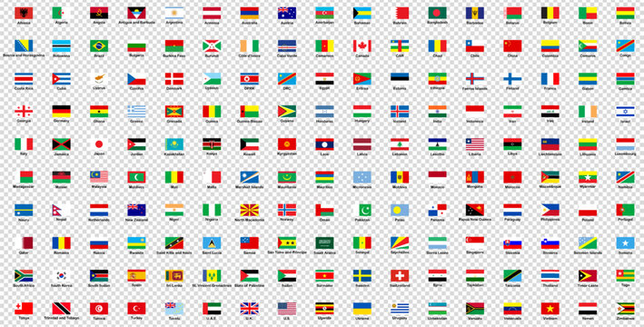 All world flags with signatures vector set of rectangular icons. Flags of all countries and continents. International flags, country emblems, global identity, national flags, geographical symbols