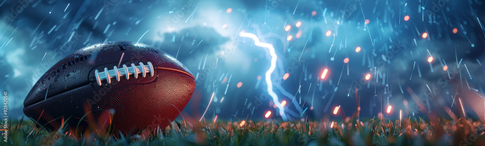 Wall mural A close-up of an American football on a grassy field, with a dramatic thunderstorm in the background. The scene symbolizes the intensity, unpredictability, and determination needed for a great game.