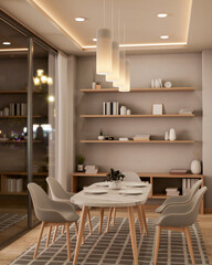 The interior design of an elegant, contemporary dining room features a dining table on a carpet.