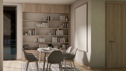 A contemporary dining room features a dining table, a shelf, a frame on the wall, and home decor.