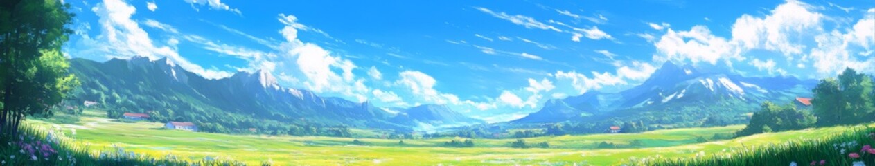 Naklejka premium Whimsical Anime Village: A Vibrant Anime-Style Pastoral Landscape Blended with Colorful Elements and Impressionist Touches, the Quintessence of Leisurely Retreats and Idyllic Travel Posters in 4K Wall