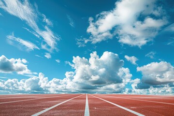 Running track above cloud filled blue sky