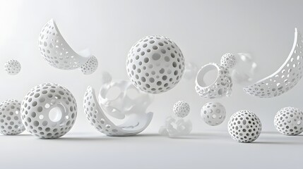 56. Dynamic arrangement of floating geometric forms and intricate patterns creating a modern 3D design on a pristine white background.