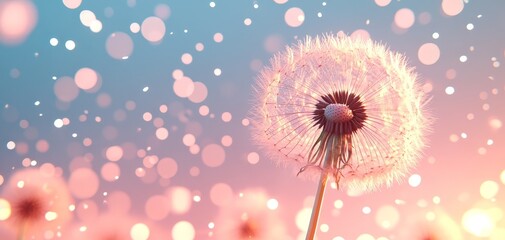 Dandelion Dreams A CloseUp View of a Delicate Seed Head Against a Soft Bokeh Background of Pink and White Circles