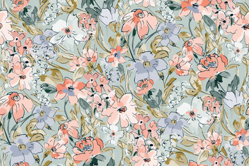 Cute feminine watercolor seamless pattern with wildflowers.hand drawn, not AI