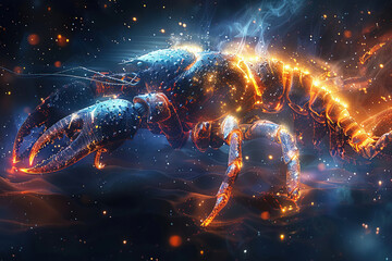 Scorpio insect symbol of zodiac horoscope constellation of east, blue fiery neon background.