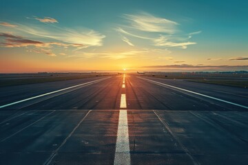 Fototapeta premium Runway illuminated by sunset prepped for aircraft arrival or departure