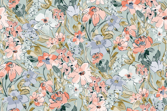 Cute feminine watercolor seamless pattern with wildflowers.hand drawn, not AI