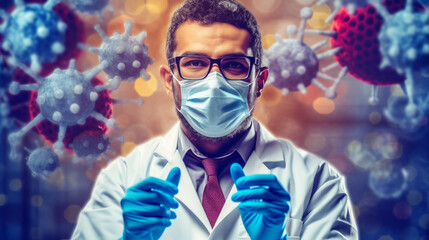 Multiple covid-19 cells against caucasian male doctor wearing face mask . coronavirus covid-19 pandemic concept
