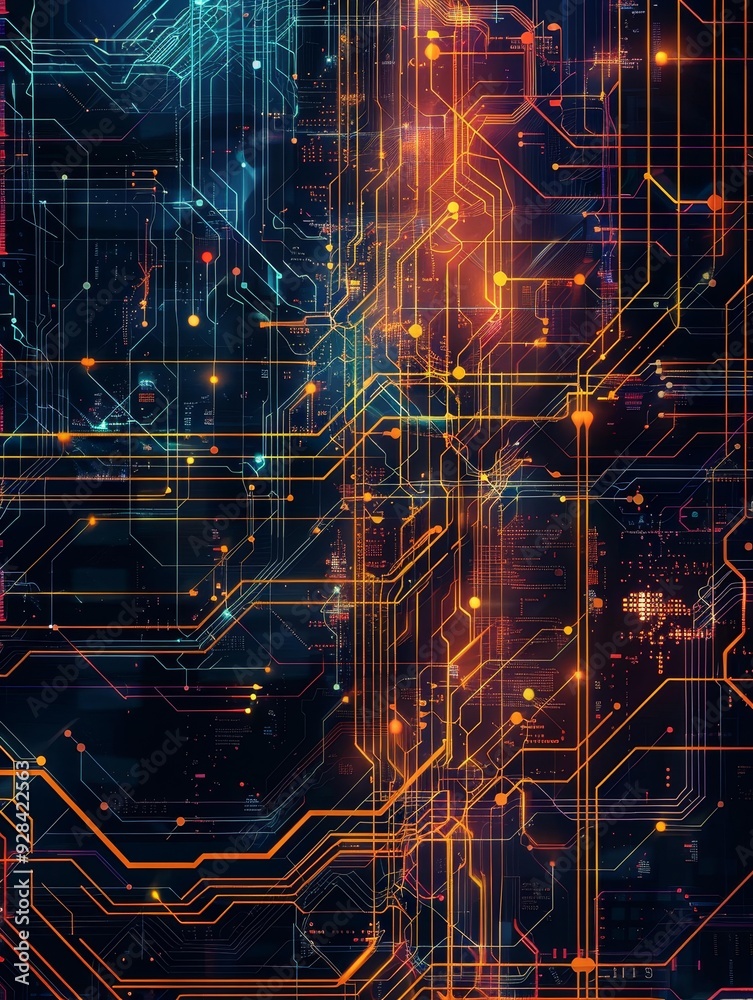 Poster a complex, abstract image of circuitry with glowing lines and nodes, representing the interconnected