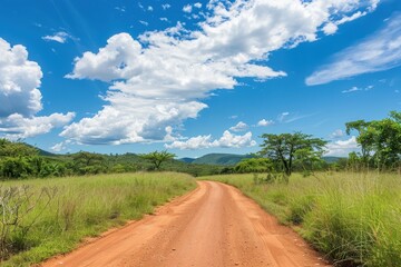Fototapeta premium Rural landscape with dirt road and blue sky