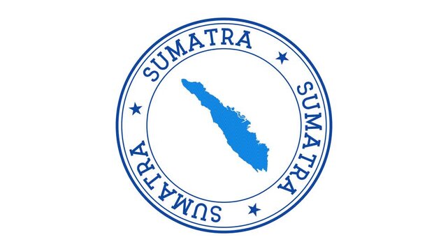 Sumatra intro. Badge with the circular name and map of the island. Sumatra round logo animation.