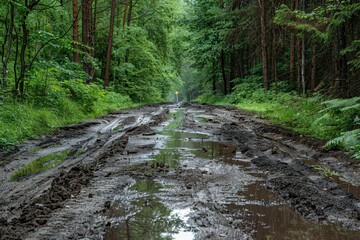 Rural path in woods with big wet puddles