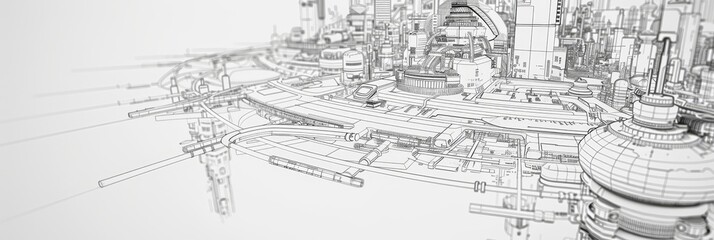 Obraz premium A detailed architectural design blueprint of a futuristic cityscape, showcasing intricate structures, elevated roadways, and a complex network of connections.