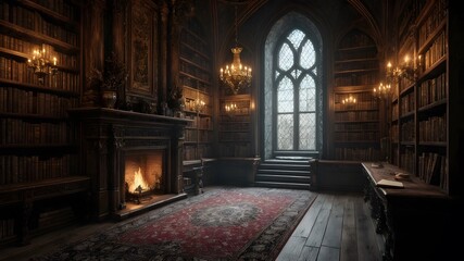 A Dark and Mysterious Gothic Library with Towering Bookshelves, a Large Fireplace, Dimly Lit Chandeliers, and Ancient, Dusty Tomes Scattered on a Long Wooden Table, Creating an Eerie Atmosphere.