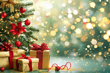 Christmas greeting card with bright winter holiday composition and New Year background