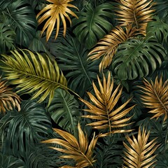 Lush tropical leaf, rich green tones, gold accents, palm leaves, detailed textures, tropical environment, vibrant design, lush foliage