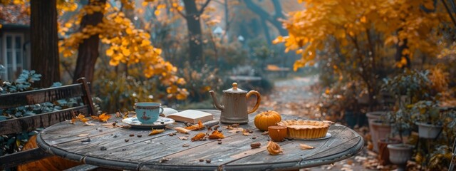 cozy outdoor table with cups, tea pot, book and apple pie on blurred background of countryside house. atmosphere for relax. tea autumn party in garden. banner