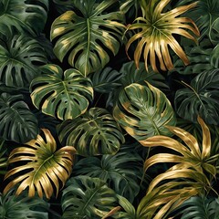 Fototapeta premium Lush tropical leaf, rich green tones, gold accents, palm leaves, detailed textures