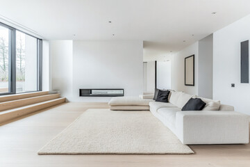 Fototapeta premium Luxury living room area with minimalist furniture and minimal decor in an interior design composition.