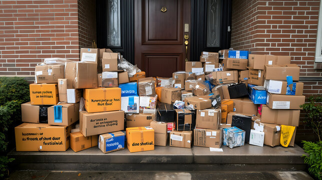 Numerous packages piled up in front of a house's front door during an online shopping festival.