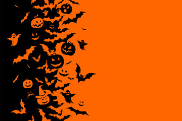 Halloween banner with black bats, pumpkins and ghosts on the orange background. Illustration with text.
