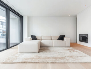 Luxury living room area with minimalist furniture and minimal decor in an interior design composition.