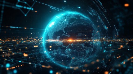 Obraz premium Futuristic digital globe with glowing lines and data streams.