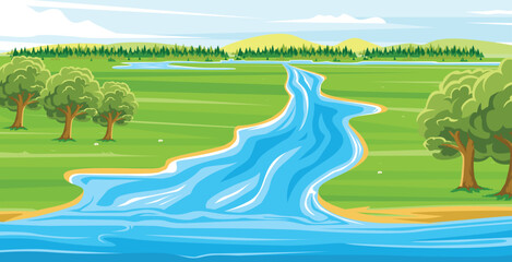 Obraz premium vector natural landscape with beautiful river in clear sky