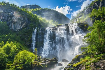 Fototapeta premium RV vacation traveling through Norway to see Latefossen Waterfall in Odda Twin waterfall at Latefoss