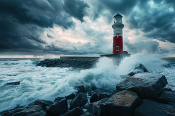 Obraz premium Generative ai on theme of large retro lighthouse with beam of bright light shining out to blue sea