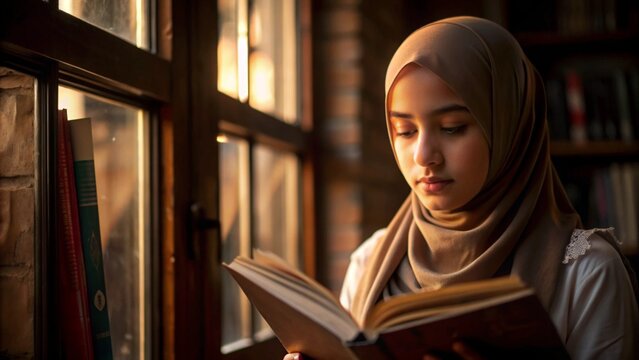 A Muslim teenage girl focused on reading a book in a quiet library, her expression calm and thoughtful. Soft light filters through the large windows, casting gentle shadows on her face and hijab. - Powered by Adobe