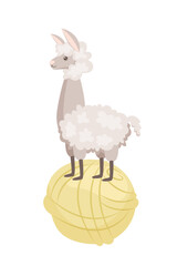 A cute cartoon alpaca stands on a ball of yarn. The symbol of natural wool. Concept of handmade and hobby knitting. Vector illustration on white background.