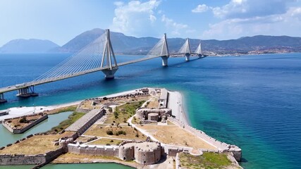 Aerial view of the big suspension bridge between Rio and Antirio with the frotress in front, Peloponnese, Greece