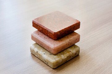 Artificial stone, decorative stone in samples. Concept, layout, finishing material